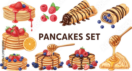 Golden pancakes set with berries and honey. Syrup dripping stacks and chocolate filled rolls. Sweet breakfast dessert vector illustration isolated on white background.