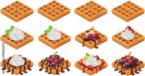 Golden waffle dessert vector set. Whipped cream, chocolate drizzle and fresh berry toppings. Sweet breakfast pastry collection isolated on white background.