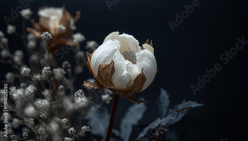 Naklejka 濃紺背景で白いドライフラワーを際立たせたコントラスト静物写真