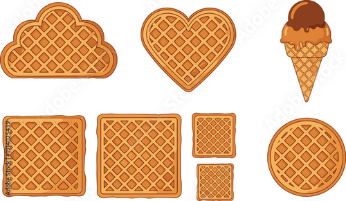 Golden waffle and ice cream vector set. Cartoon crispy breakfast pastries collection. Sweet bakery dessert icons isolated on white background.