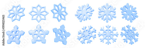 Wallpaper Mural 3d snow elements. Paper winter ornament, white xmas flake or origami ice cut different angles view. Light christmas holiday decoration. Snowfall cartoon render vector isolated icons design Torontodigital.ca