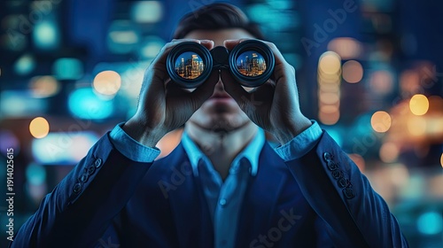 Business professional using binoculars to observe a futuristic cityscape with blurred city lights in the background at night in a vibrant urban setting