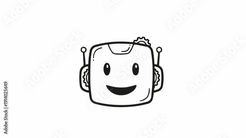 Smiling robot head with antennae drawn.