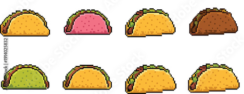 Pixel art taco set vector collection. Retro 8 bit Mexican fast food icons. Colorful crunchy tacos isolated on white background.