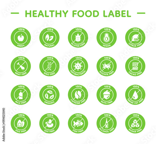 Vegan icons. Vegetarian gluten, lactose or sugar free stickers, from allergy to healthy food label. Safety standards, conveying ingredient exclusions soy, nut or egg. Vector pictogram