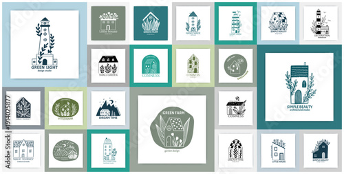 Hand drawn home logo. Lighthouse and cottage building. Green farm. Cozy house with tree leaves. Plant twigs. Real estate. Simple architecture doodle flat sketch. Vector square cards set