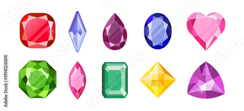 Gem stone. Game diamond, gold pearl heart gemstone or cute style ruby and sapphire. Fairytale jewelry tiara bright. Different forms luxury premium treasures. Vector isolated illustration