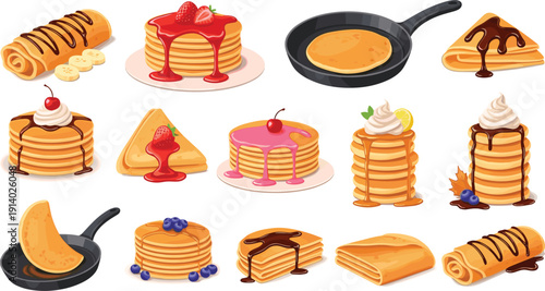 Pancake and crepe dessert vector set. Syrup dripping stacks, chocolate rolls and berry toppings. Sweet breakfast food illustrations isolated on white background.