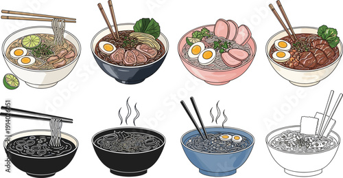 Ramen noodle bowl vector set. Japanese soup with egg, pork and herbs. Hot Asian cuisine illustrations isolated on white background.