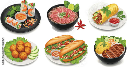International food dishes vector set. Asian soup, spring rolls, kebab wrap and grilled steak bowl. Street food and restaurant meals isolated on white background.