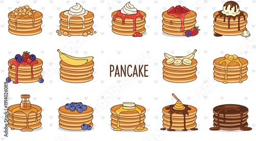 Pancake topping collection vector set. Syrup, chocolate, jam, fruit and butter variations. Sweet breakfast stack illustrations isolated on light background.