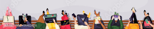 Student study. School people group sitting on bench. Teen with laptop on back. Adult girl friend in university campus. Persons on seats top view. Hands holding mobile. Vector background