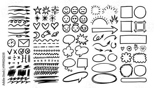Hand drawn arrows. Line star sketch, pen check mark or marker frame sketches. Brush text bubble, speech cloud, pointer navigation, planner or infographic stickers. Vector doodle icons