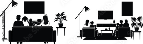 Black family living room silhouette set, people watching television on sofa, home interior with lamps, plants, cozy domestic life icons