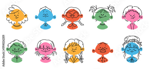 Child face. Simple children characters. Happy kids head with line hair. Emotion and feeling expression. Cute school concept. Colorful diversity persons. Vector illustration portraits set