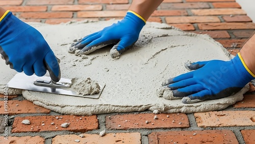 Expertly Smoothing Concrete on a Brick Surface with Precision and Control