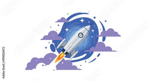 A cartoon rocket launches upwards through purple clouds against a blue swirling sky pattern.