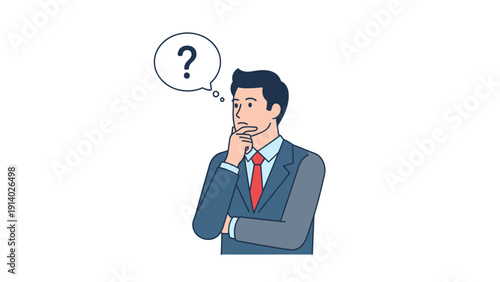 Businessman in suit pondering with question mark above head.
