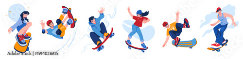 Skateboard kid. Skate boy, girl child. Skater in urban sport board park, jump, flips, and slides children characters. Cool youth people trick, street culture. Vector cartoon illustration