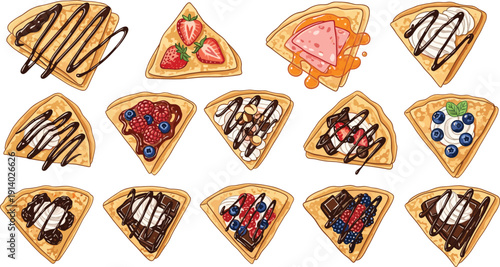 Hand drawn pizza slice vector set. Sweet dessert and chocolate topped triangular pizza pieces. Berry, cream and syrup decorated food illustration isolated on white background.