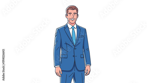 Smiling businessman wearing a blue suit and tie standing confidently.