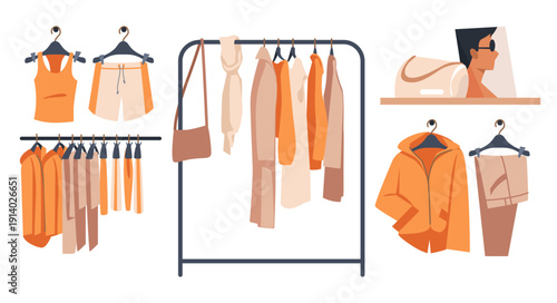 Market sale. Shop hangers. Fashionable clothing. Garment garage selling. Flea bazaar. Secondhand trousers and skirts. Accessories shelf. Shopping racks. Vector store isolated elements set