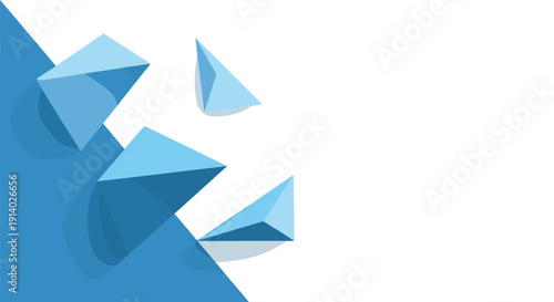Several light blue abstract geometric pyramid shapes float against a diagonal blue and white background.