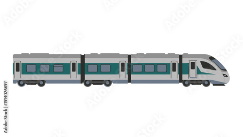 Modern high-speed passenger train with multiple cars in motion.