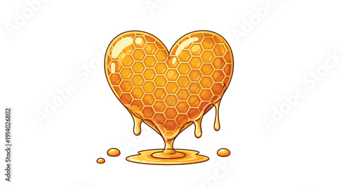 Heart-shaped golden honeycomb drips thick sweet honey, forming small puddles on the ground below.
