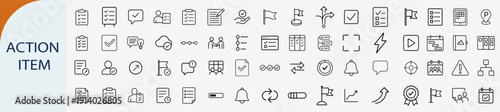 Action item and task management icons set, outline symbols for project planning checklist priority assignment and productivity vector illustration