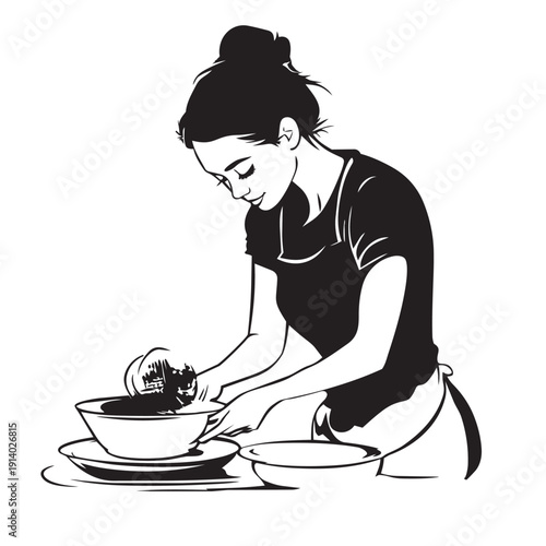 vector illustration of a woman washing dishes