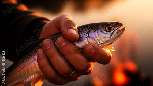Fisherman displays iridescent trout catch during sunset hour, close-up shot