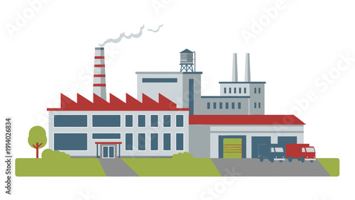 Illustration of a modern industrial factory with chimneys and storage tanks.