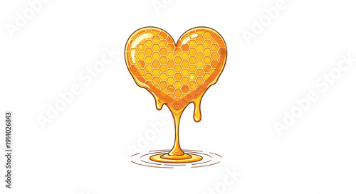 Heart-shaped golden honeycomb drips sweet amber honey, collecting in a flowing puddle below.