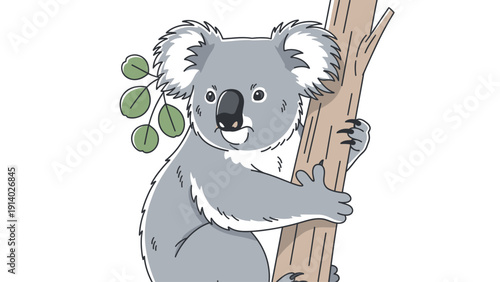 Cute koala bear clinging to a tree branch with eucalyptus leaves.