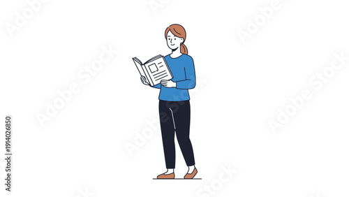 Young woman standing and reading a book with interest and concentration.
