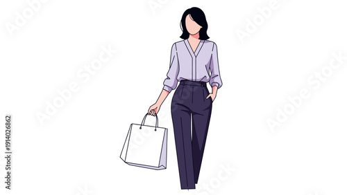 Stylish woman walking with a shopping bag in hand wearing casual business attire.