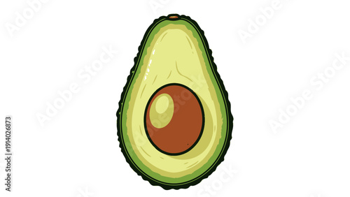 Illustration of a ripe avocado cut in half with seed visible.
