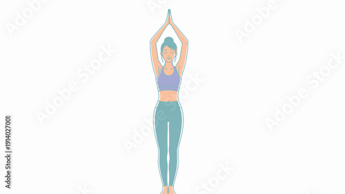 Young woman practicing yoga in tree pose with arms raised above head.