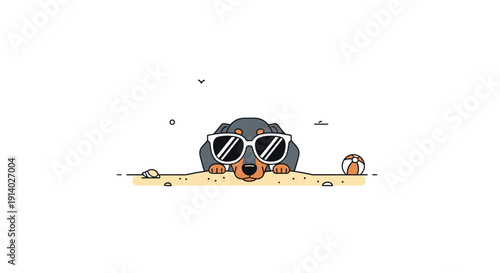 Cartoon dachshund dog in sunglasses peeking from sand on a sunny beach with a small ball.