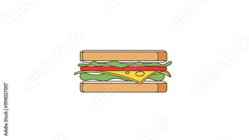 Illustration of a classic sandwich with lettuce, tomato, cheese, and meat in a bun.