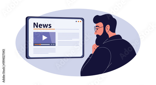 Pensive man with a beard reads a news article with a video player on a tablet or computer screen to stay informed.