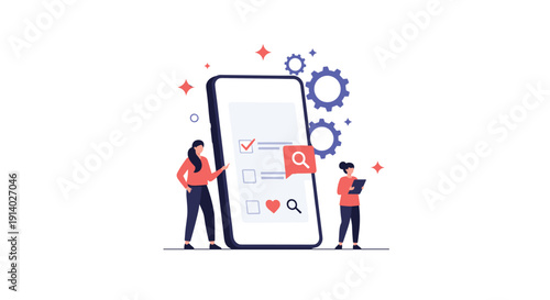 Two women use a large smartphone to fill out a checklist and search for information as part of a mobile survey project.