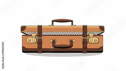 Vintage brown leather suitcase with buckled straps and handle.