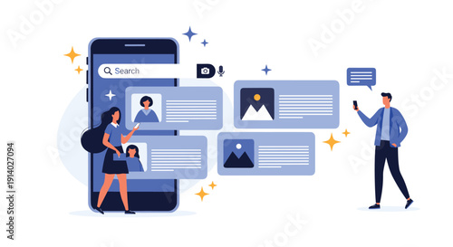 People use a social media application on a large smartphone to search for profiles and interact with shared content and messages.