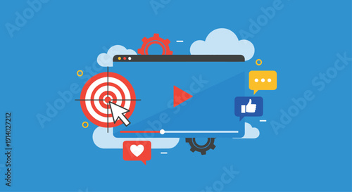 Video marketing campaign strategy with a targeted ad on a video player social media engagement icons and performance settings.