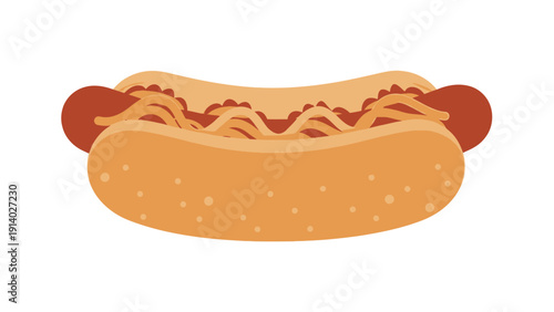 Illustration of a hot dog with mustard and ketchup on a bun.