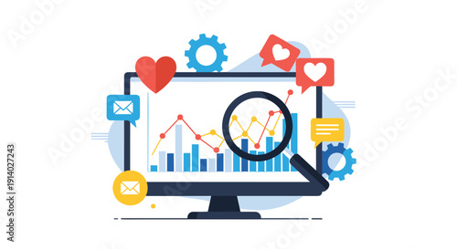 Social media analytics dashboard on a computer screen shows engagement metrics and performance trends with a magnifying glass.