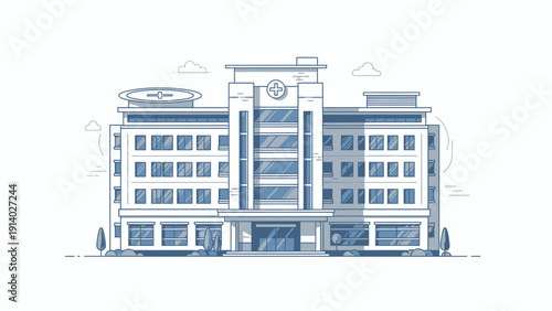 Detailed architectural line drawing of a modern multi-story building with symmetrical design.