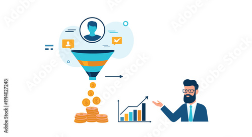 Businessman explains a sales funnel diagram that converts customer leads into money to achieve business growth and success.